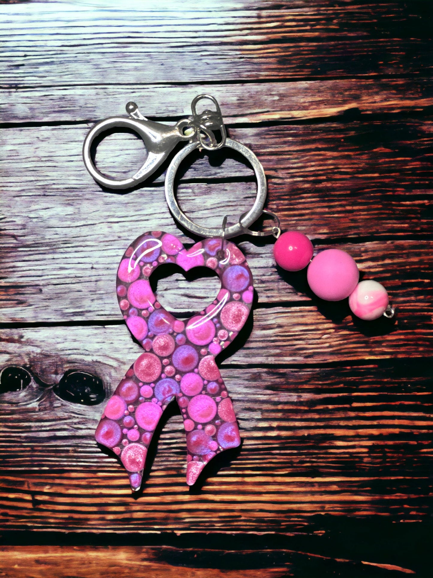 Dot Art, Breast Cancer Support Ribbon, Bubblegum Bead Keychain, Beaded Bag Charm,  Bubblegum Jewelry