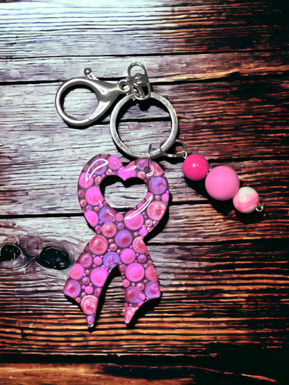 Dot Art, Breast Cancer Support Ribbon, Bubblegum Bead Keychain, Beaded Bag Charm,  Bubblegum Jewelry