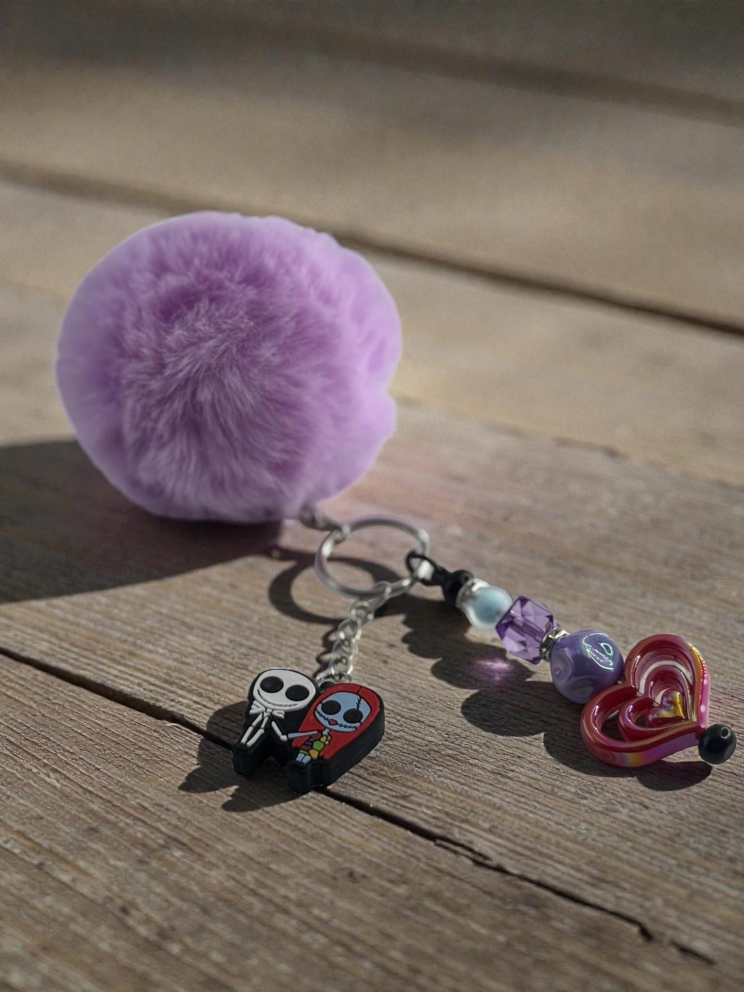 Jack and Sally Heart Keychain | Nightmare Before Christmas Pom Pom Bag Charm | Handmade Gift