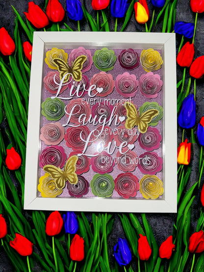 Live Laugh Love ShadowBox with Rolled Flowers, Inspirational Wall Art, Floral Decor, Motivational Gift
