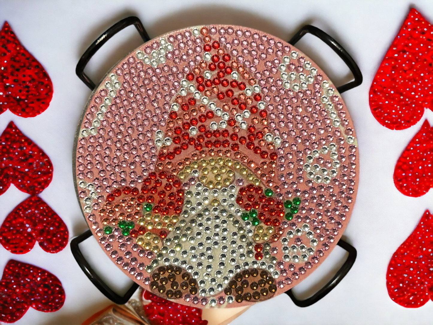Handmade Rhinestone Gnome Valentines Day Coasters: Red Pink Love Decor