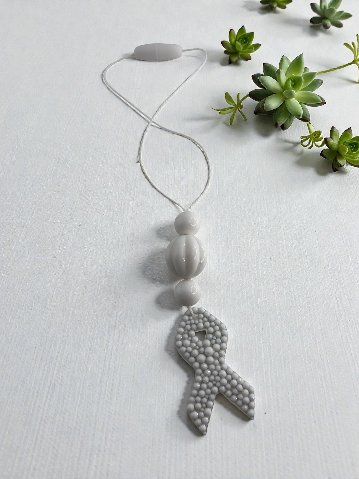 Handmade Lung Cancer Awareness Car Charm, White Rhinestone Ribbon