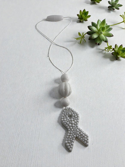 Handmade Lung Cancer Awareness Car Charm, White Rhinestone Ribbon