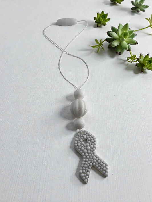Handmade Lung Cancer Awareness Car Charm, White Rhinestone Ribbon
