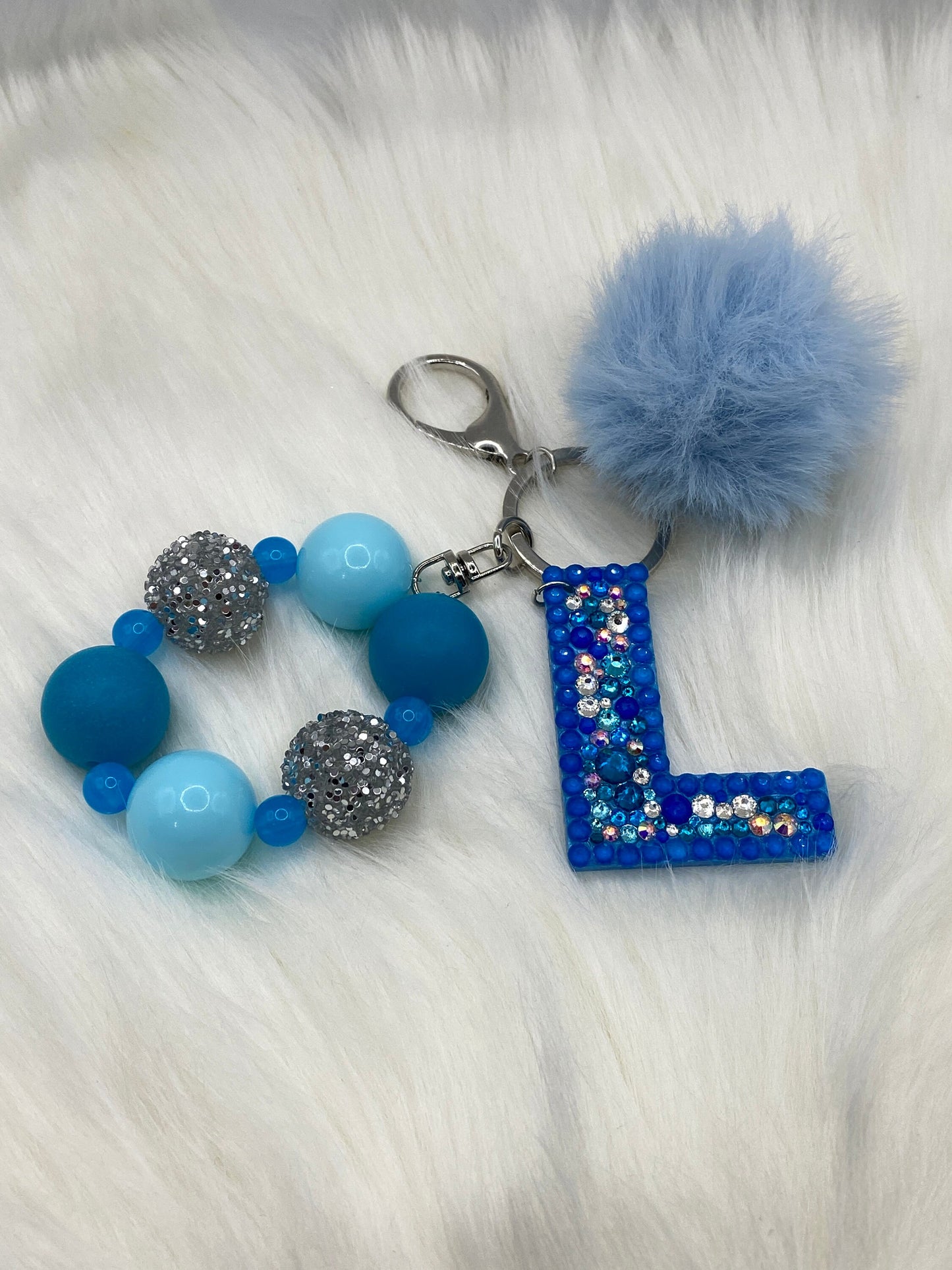 Bubblegum Bead Letter Keychain | Handmade Rhinestone Initial & Pom Pom Tassel