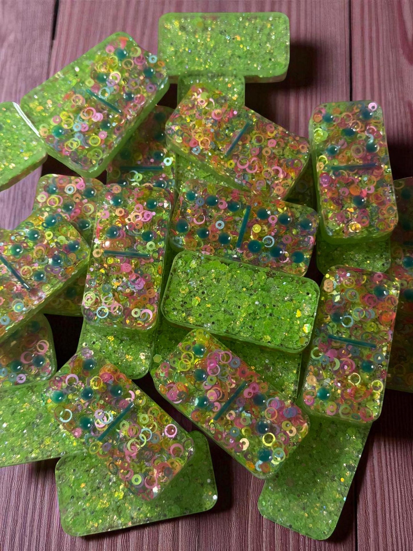 Handmade Green Domino Set with Circles - Custom Dot Design & Travel Case