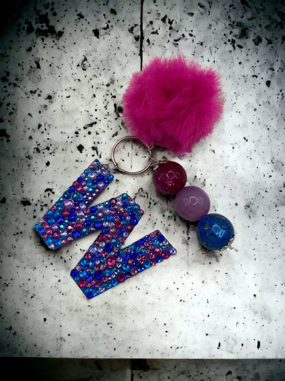 Bubblegum Bead Letter Keychain | Handmade Rhinestone Initial & Pom Pom Tassel