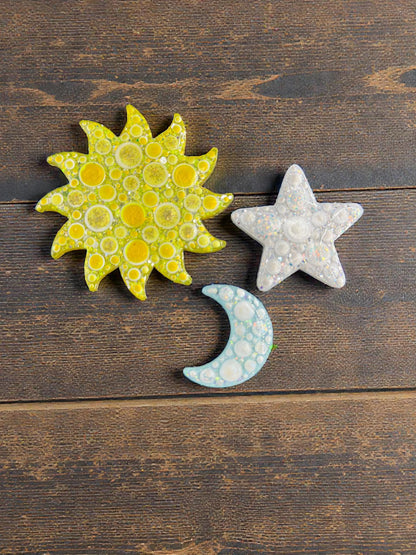 Handmade Celestial Magnet Set - Moon, Sun, and Star Fridge Magnets, Handpainted Decor