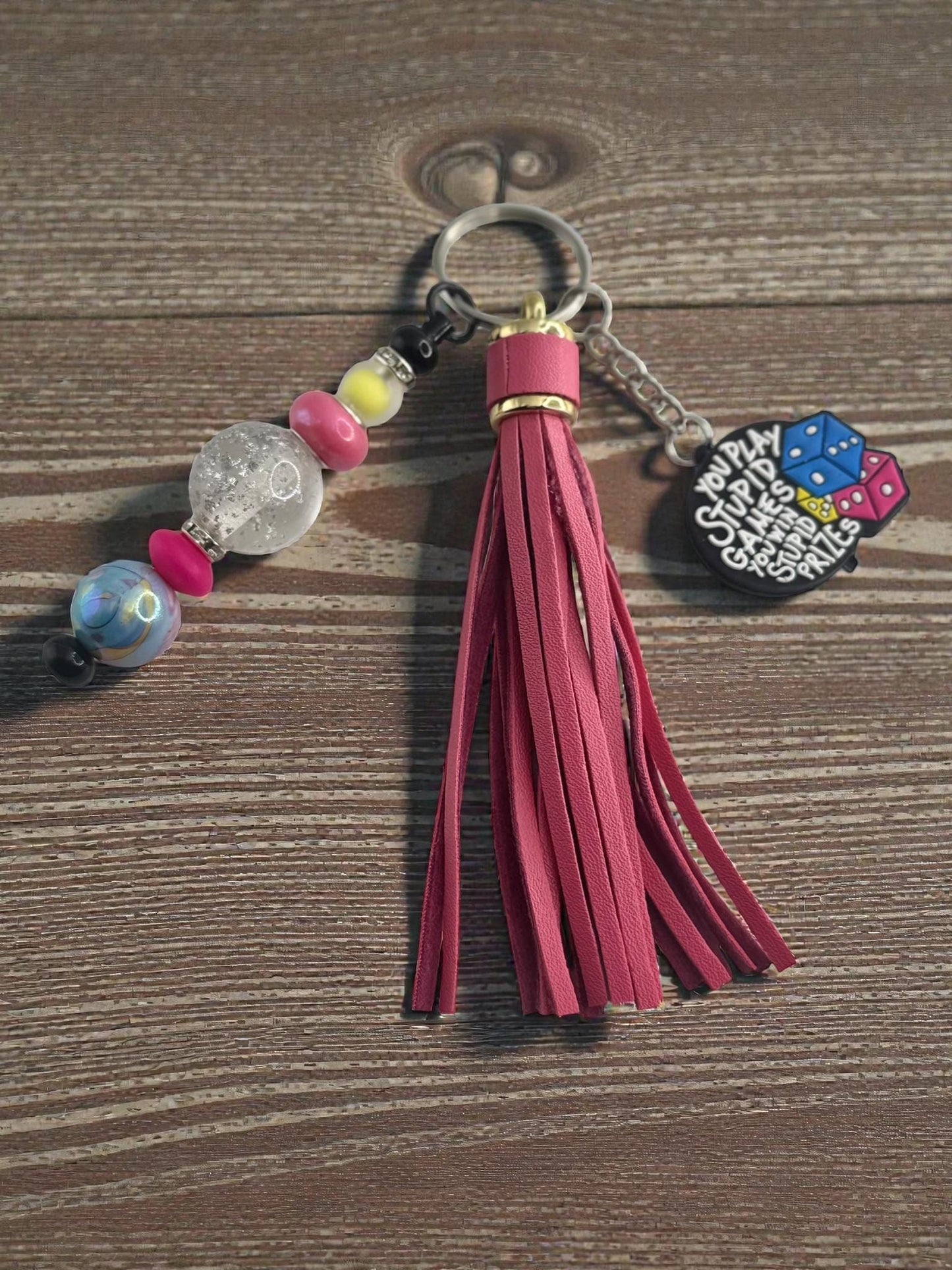 Handmade Keychain with Tassel, Beaded Charm & Inspirational Focal Saying Gift