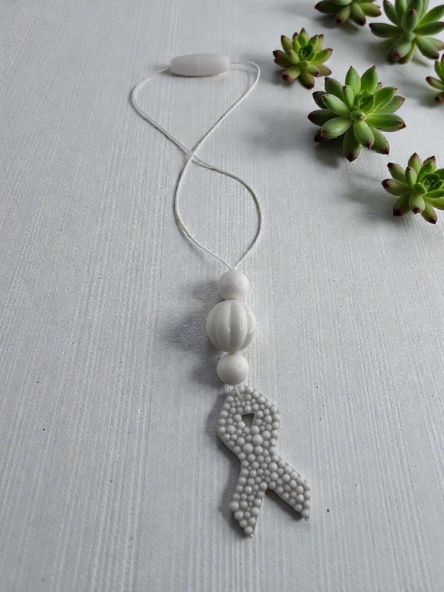 Handmade Lung Cancer Awareness Car Charm, White Rhinestone Ribbon