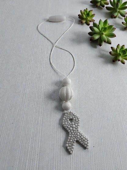Handmade Lung Cancer Awareness Car Charm, White Rhinestone Ribbon