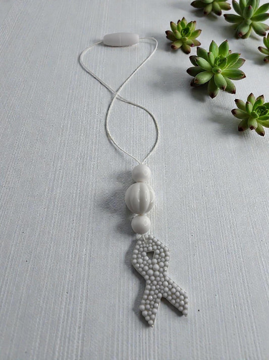 Handmade Lung Cancer Awareness Car Charm, White Rhinestone Ribbon