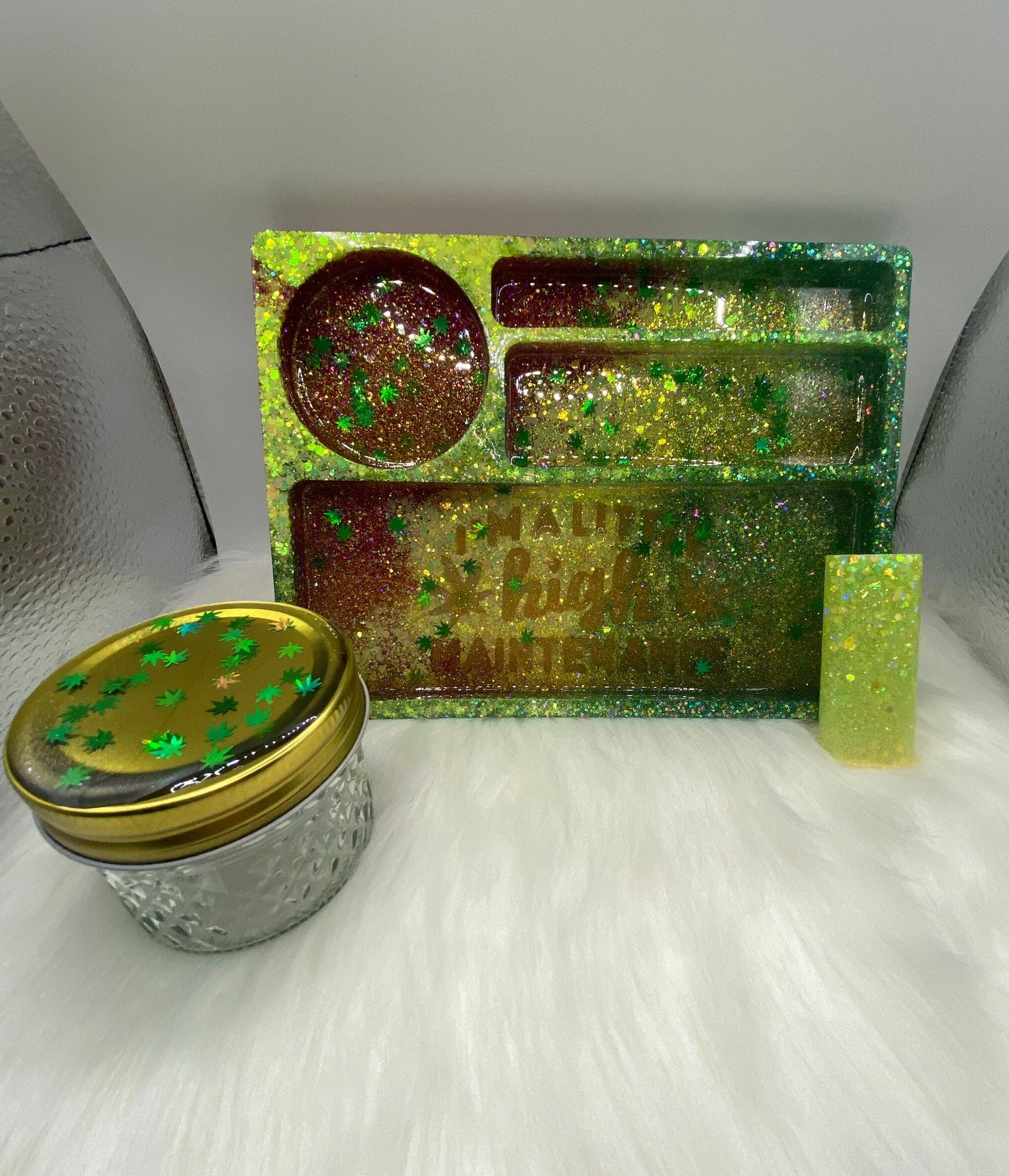 Red, Green & Yellow Tray Set with Jar and  Cover
