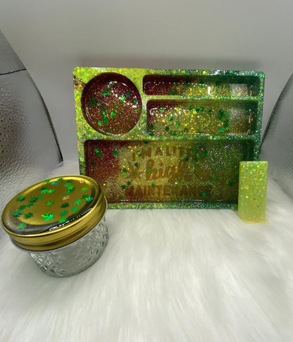 Red, Green & Yellow Tray Set with Jar and  Cover