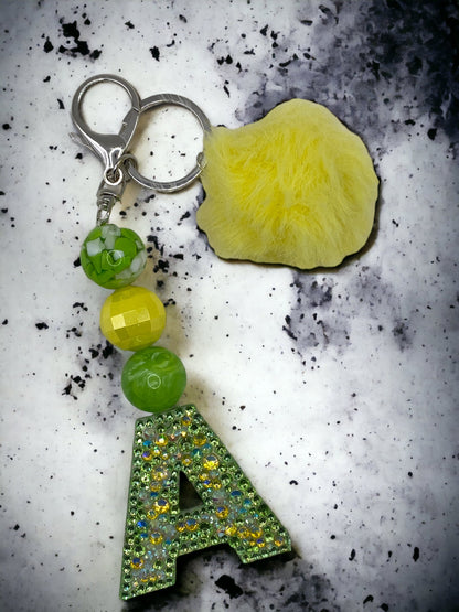 Bubblegum Bead Letter Keychain | Handmade Rhinestone Initial & Pom Pom Tassel
