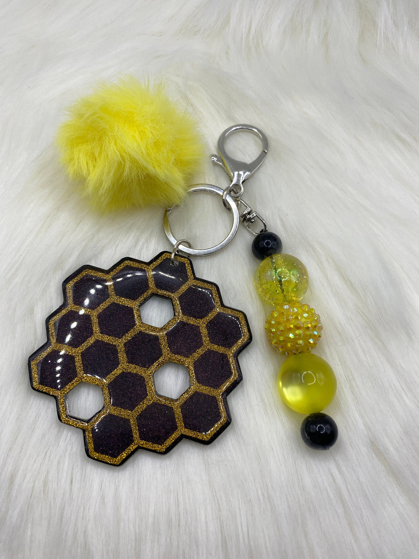 Honeycomb Keychain: Bubblegum Bead & PomPom Charm