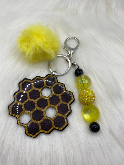 Honeycomb Keychain: Bubblegum Bead & PomPom Charm