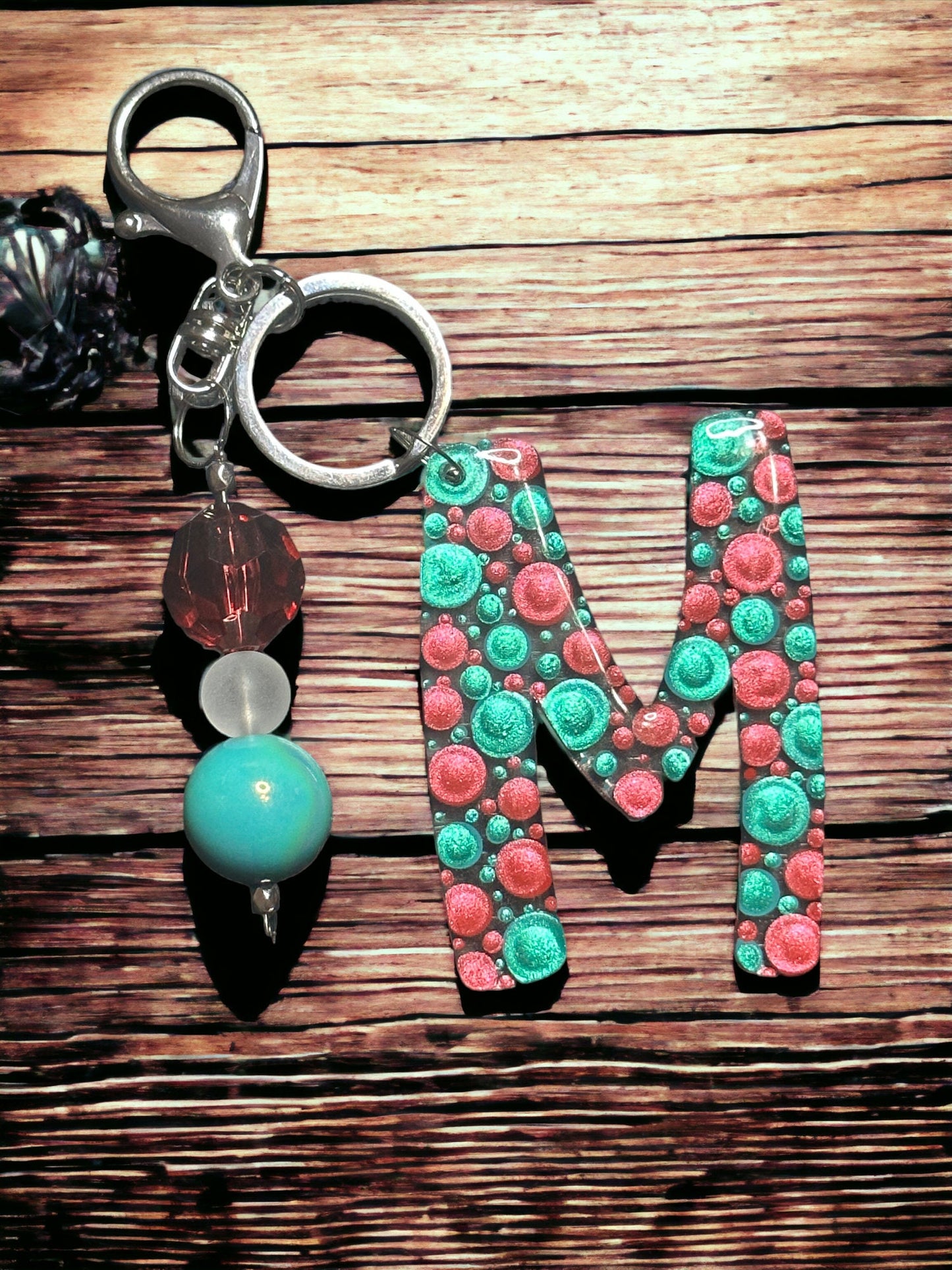 Dot Art Letter M Keychain: Bubblegum Bead Bag Charm