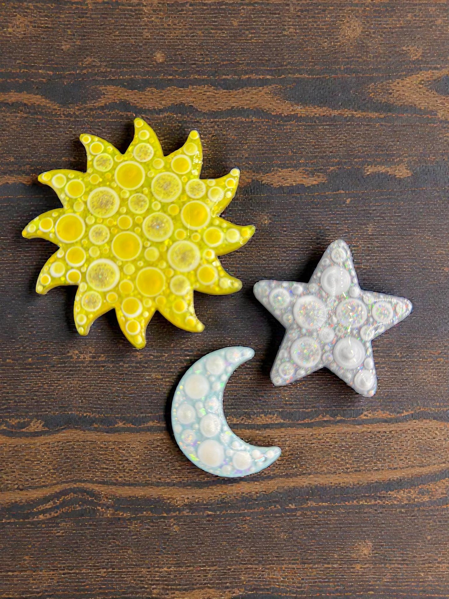 Handmade Celestial Magnet Set - Moon, Sun, and Star Fridge Magnets, Handpainted Decor