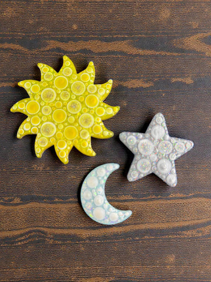 Handmade Celestial Magnet Set - Moon, Sun, and Star Fridge Magnets, Handpainted Decor