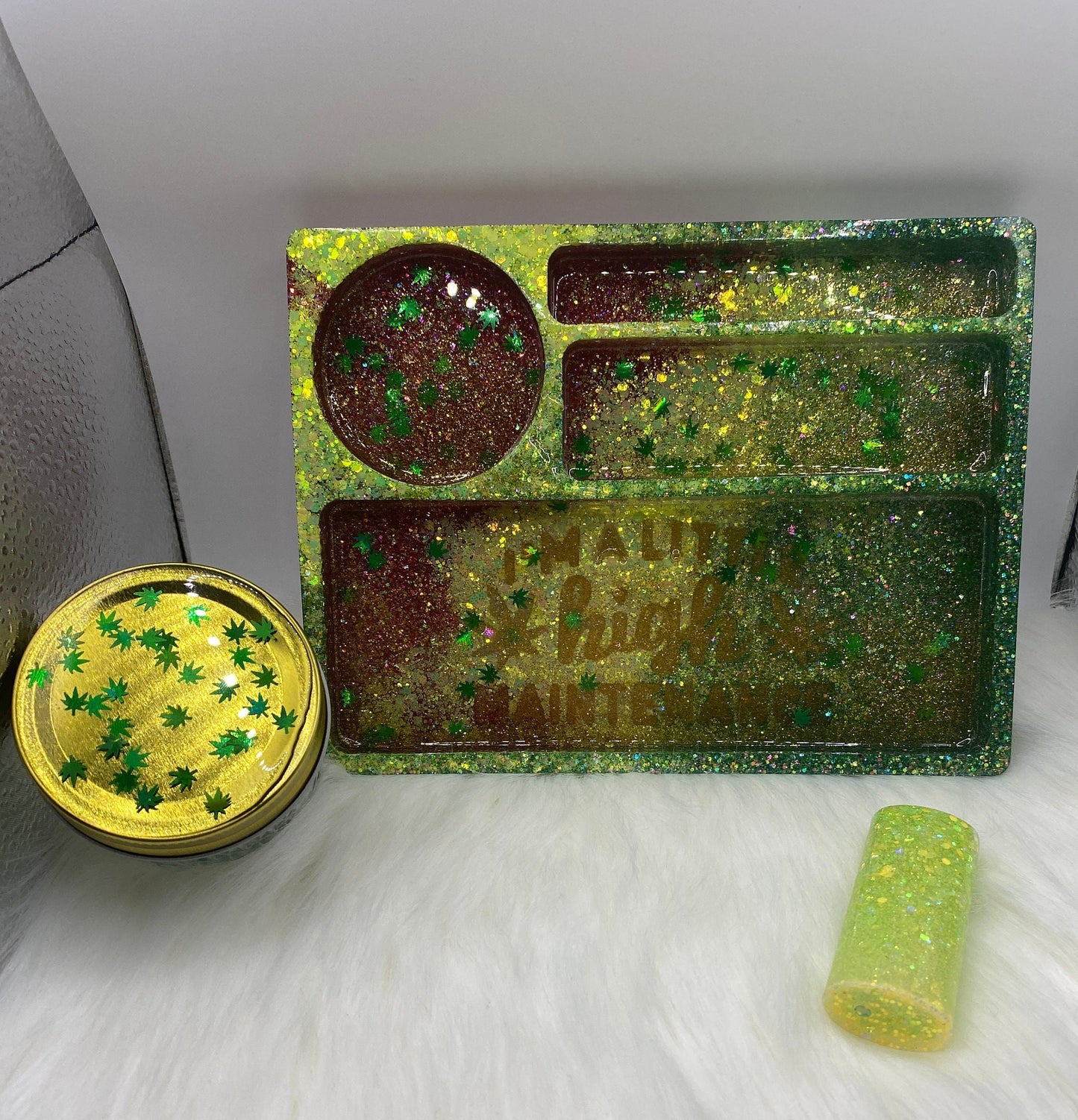 Red, Green & Yellow Tray Set with Jar and  Cover