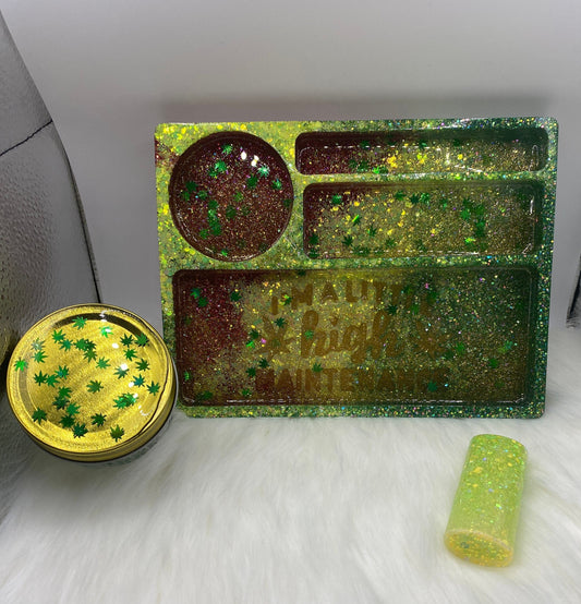 Red, Green & Yellow Tray Set with Jar and  Cover