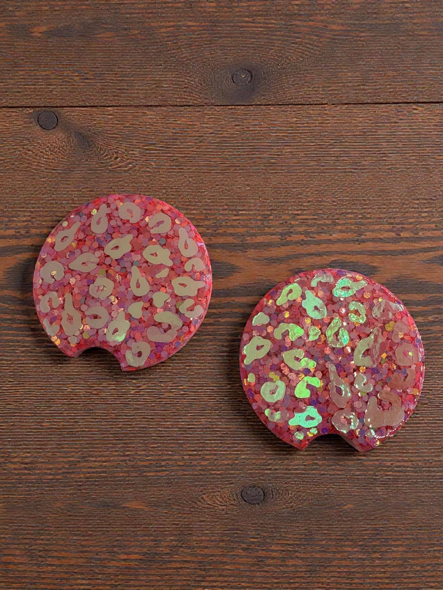 Cute Pink Leopard Print Coasters for Car - Set of 2 Handmade Cup Holder Inserts