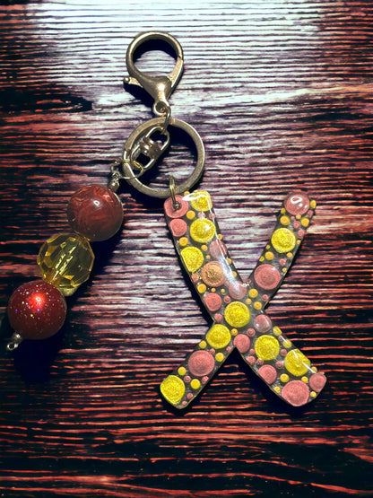 Dot Art Letter X Keychain: Bubblegum Bead Monogram Bag Charm