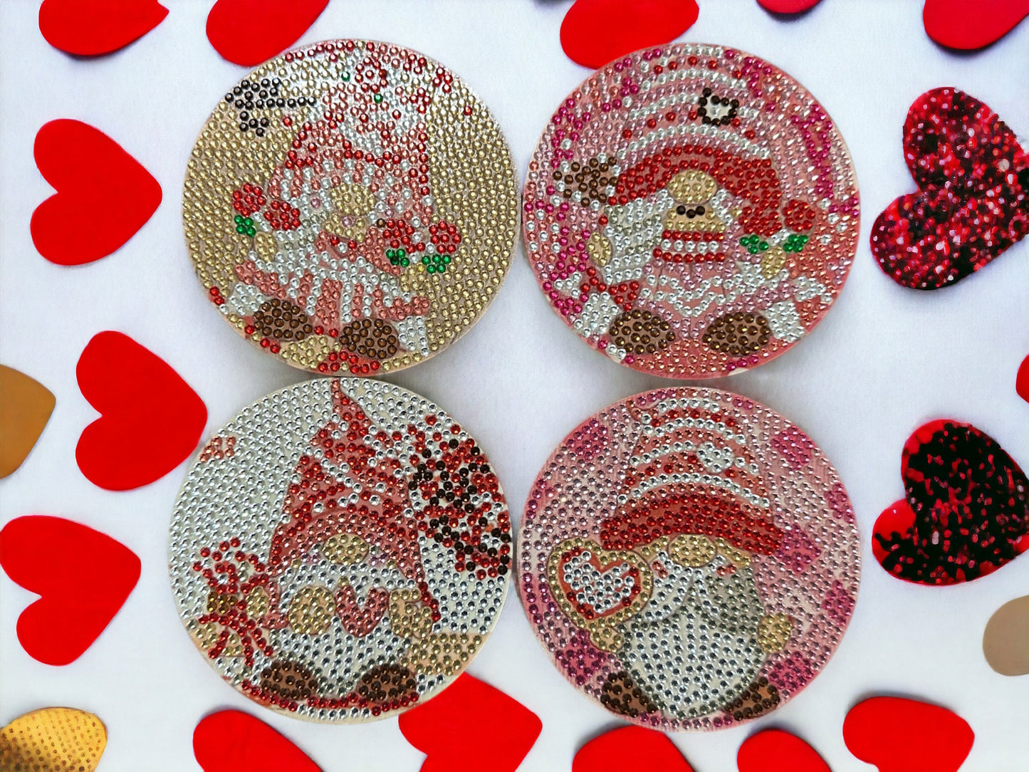 Handmade Rhinestone Gnome Valentines Day Coasters: Red Pink Love Decor