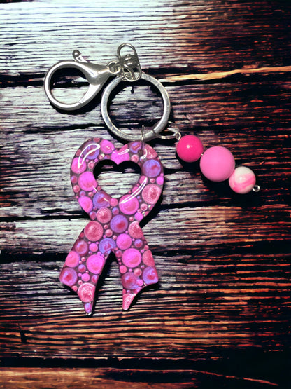 Dot Art, Breast Cancer Support Ribbon, Bubblegum Bead Keychain, Beaded Bag Charm,  Bubblegum Jewelry