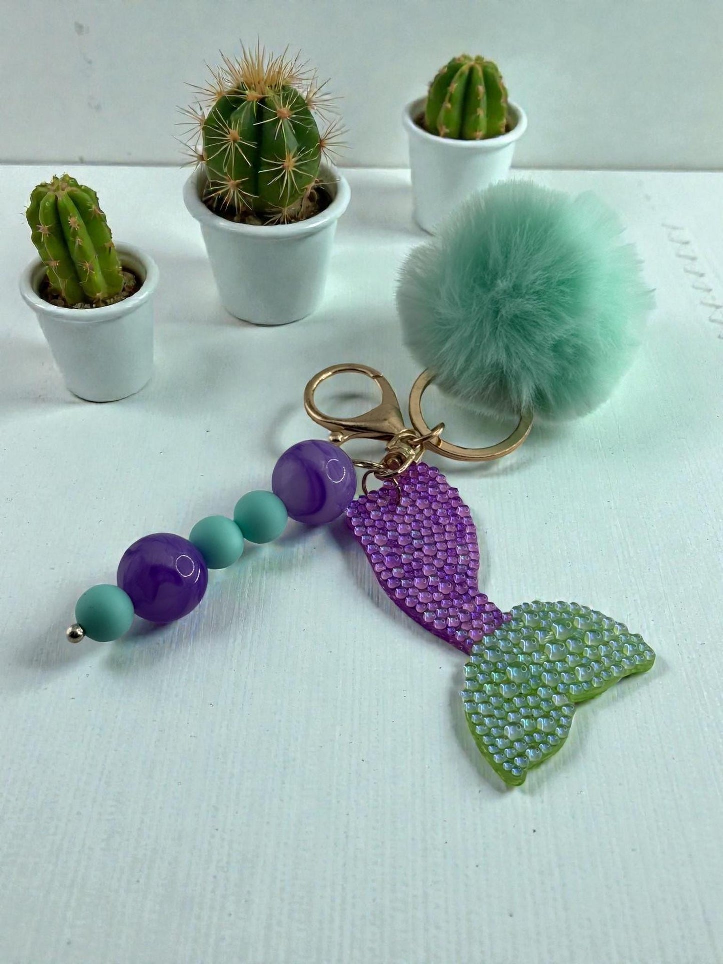 Sparkly Mermaid Tail Keychain with Fluffy Pom Pom | Bag Charm Accessory