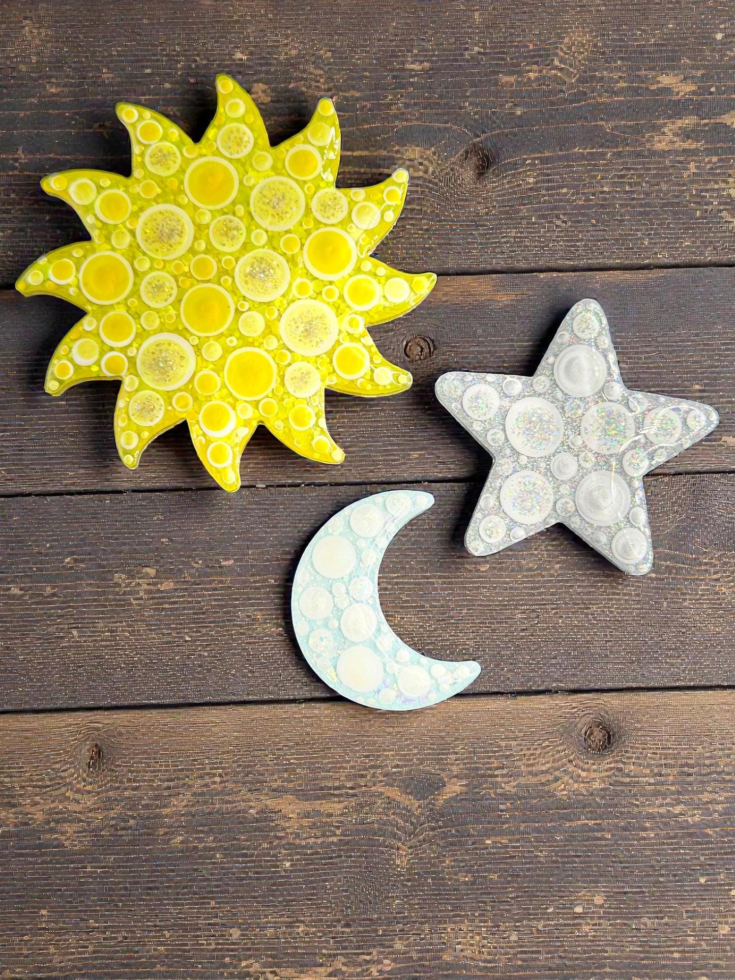 Handmade Celestial Magnet Set - Moon, Sun, and Star Fridge Magnets, Handpainted Decor