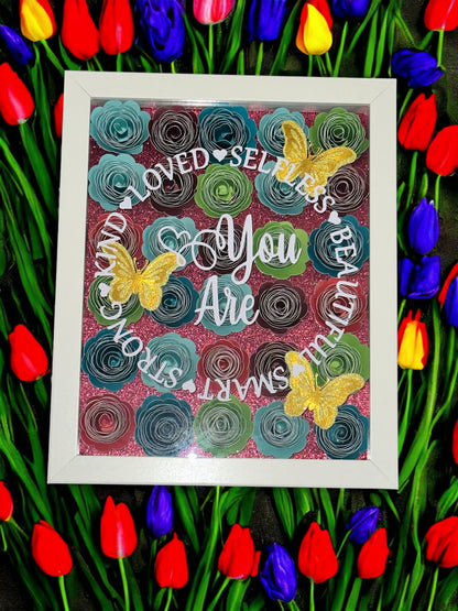 You Are Enough ShadowBox with Rolled Flowers, Inspirational Wall Art, Floral Decor, Motivational Gift