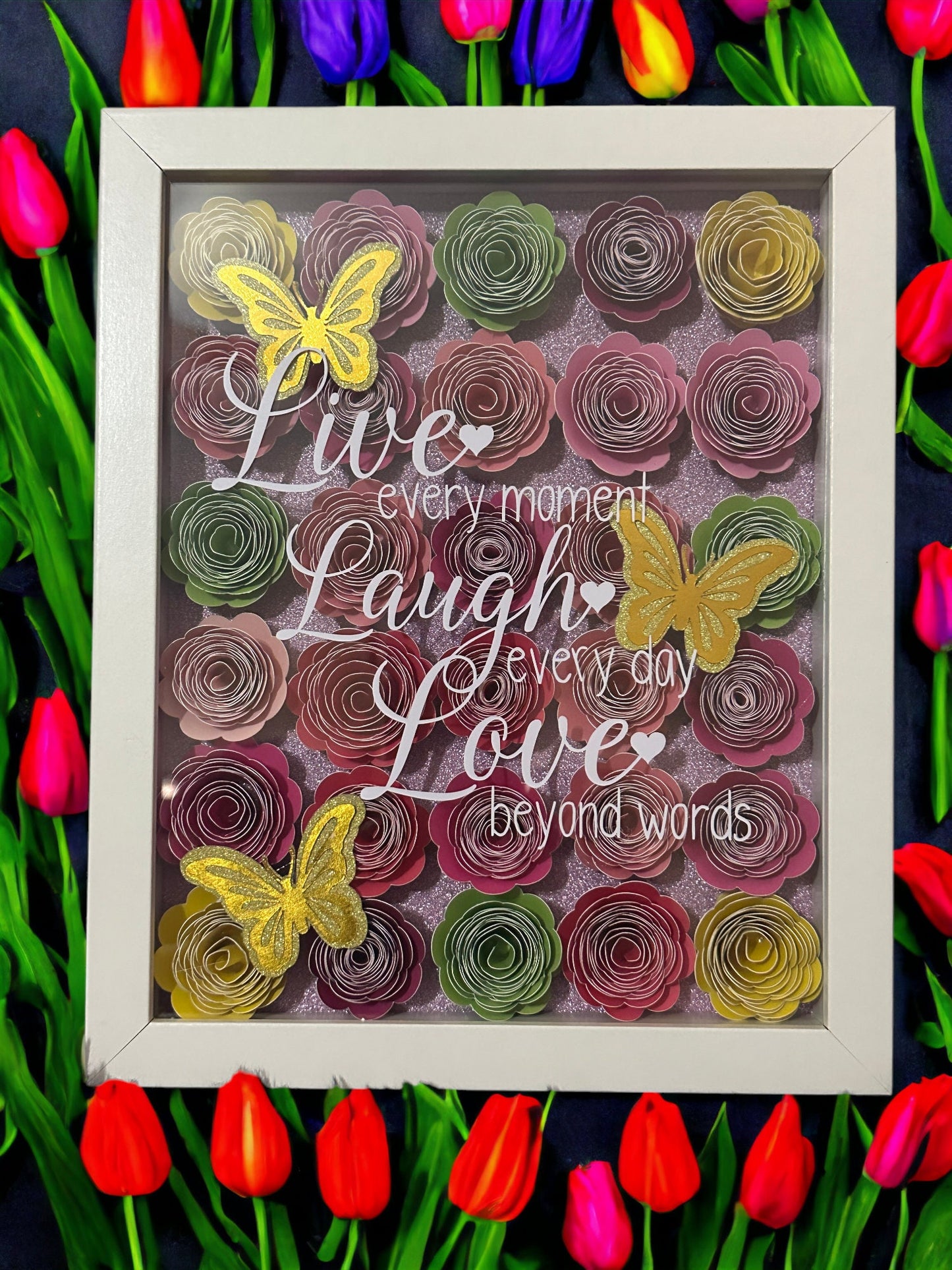 Live Laugh Love ShadowBox with Rolled Flowers, Inspirational Wall Art, Floral Decor, Motivational Gift