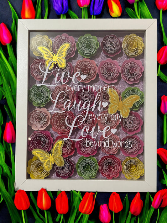 Live Laugh Love ShadowBox with Rolled Flowers, Inspirational Wall Art, Floral Decor, Motivational Gift