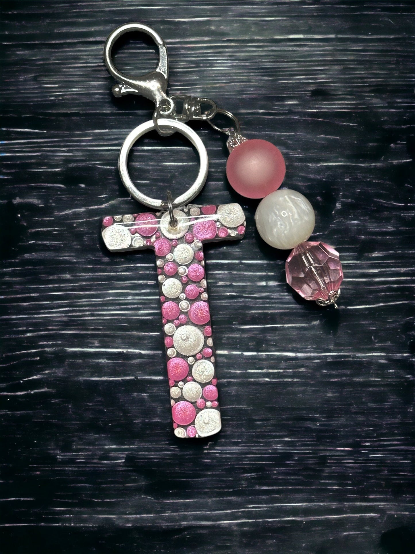 Dot Art Letter T Keychain: Bubblegum Bead Monogram Bag Charm