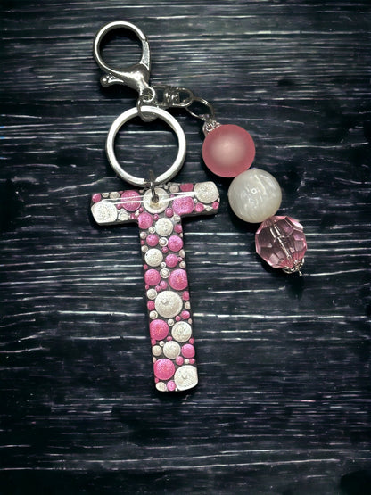 Dot Art Letter T Keychain: Bubblegum Bead Monogram Bag Charm