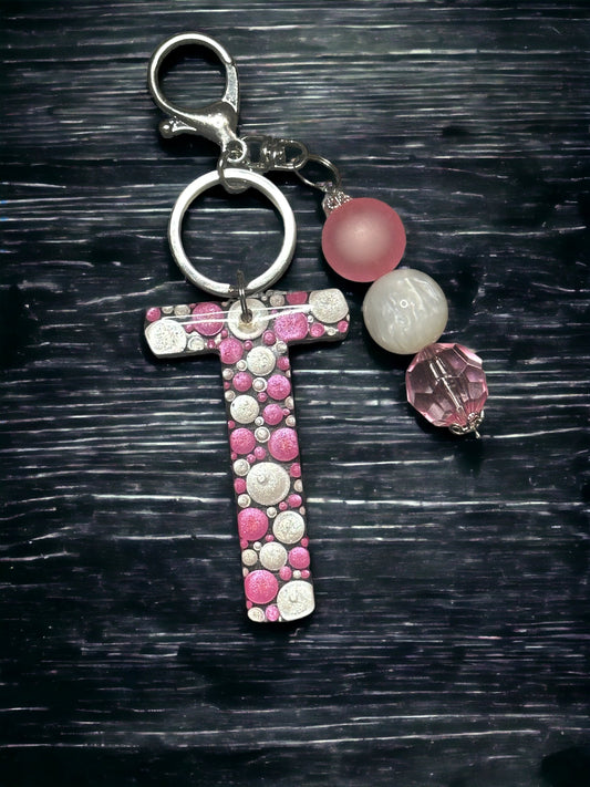 Dot Art Letter T Keychain: Bubblegum Bead Monogram Bag Charm