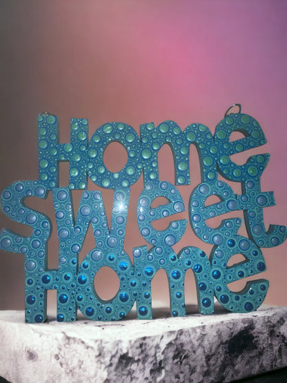 Handpainted Dot Art Wooden Home Sweet Home Decor - Blue and Gray Accent