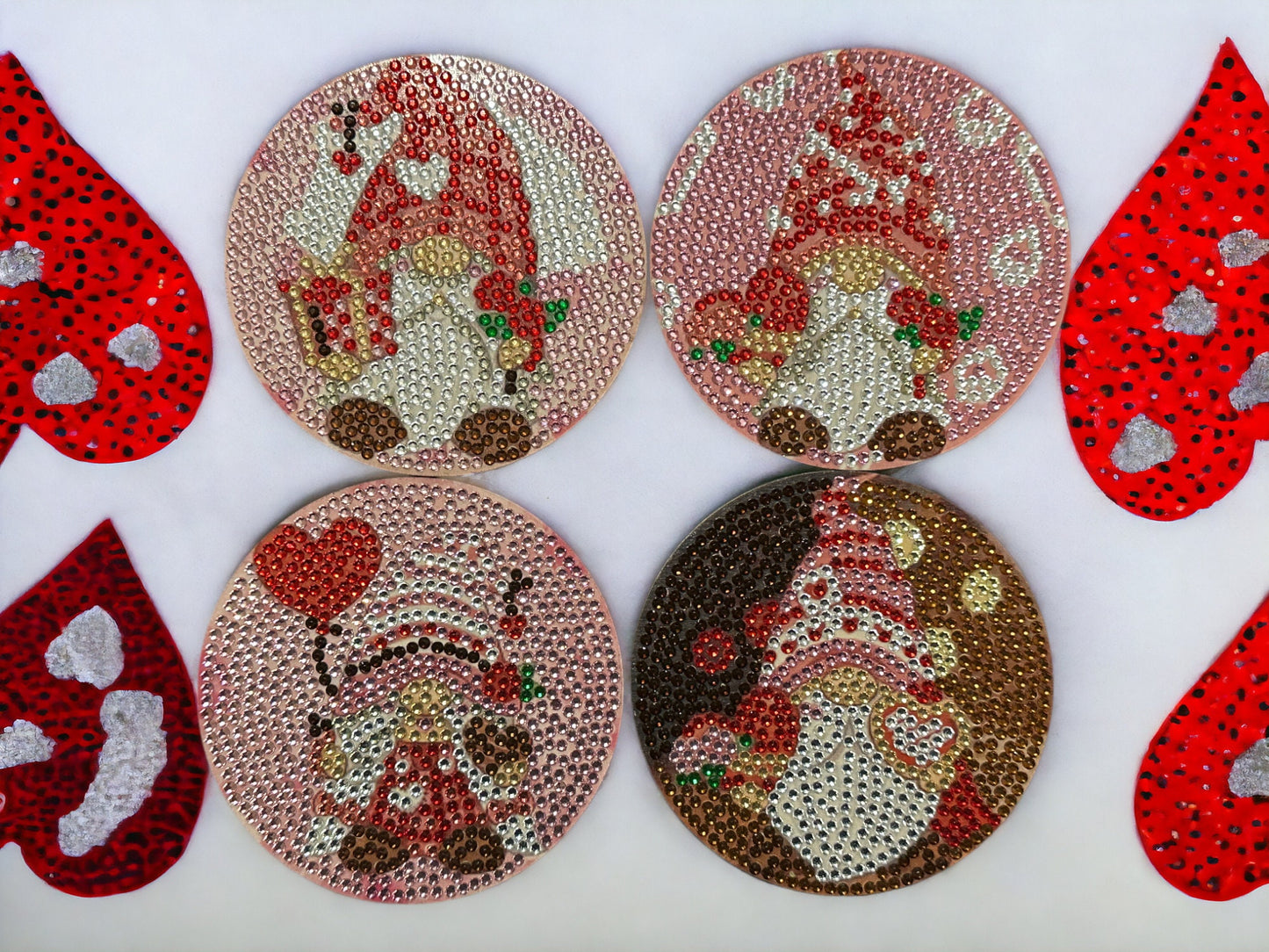 Handmade Rhinestone Gnome Valentines Day Coasters: Red Pink Love Decor
