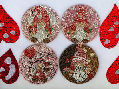 Handmade Rhinestone Gnome Valentines Day Coasters: Red Pink Love Decor