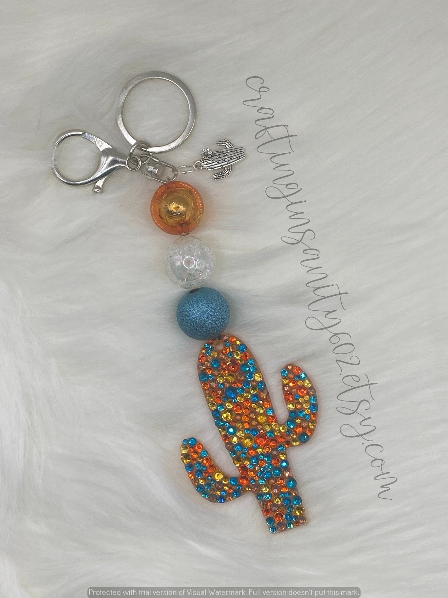 Painted Desert Catcus Rhinestone Keychain with Charm
