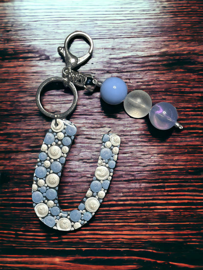 Dot Art Letter U Keychain: Bubblegum Bead Monogram Bag Charm