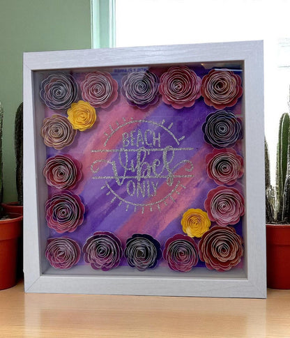 Beach Vibes Only Shadowbox: Hand Rolled Paper Flowers, 8x8 Wall Decor