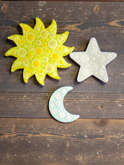 Handmade Celestial Magnet Set - Moon, Sun, and Star Fridge Magnets, Handpainted Decor