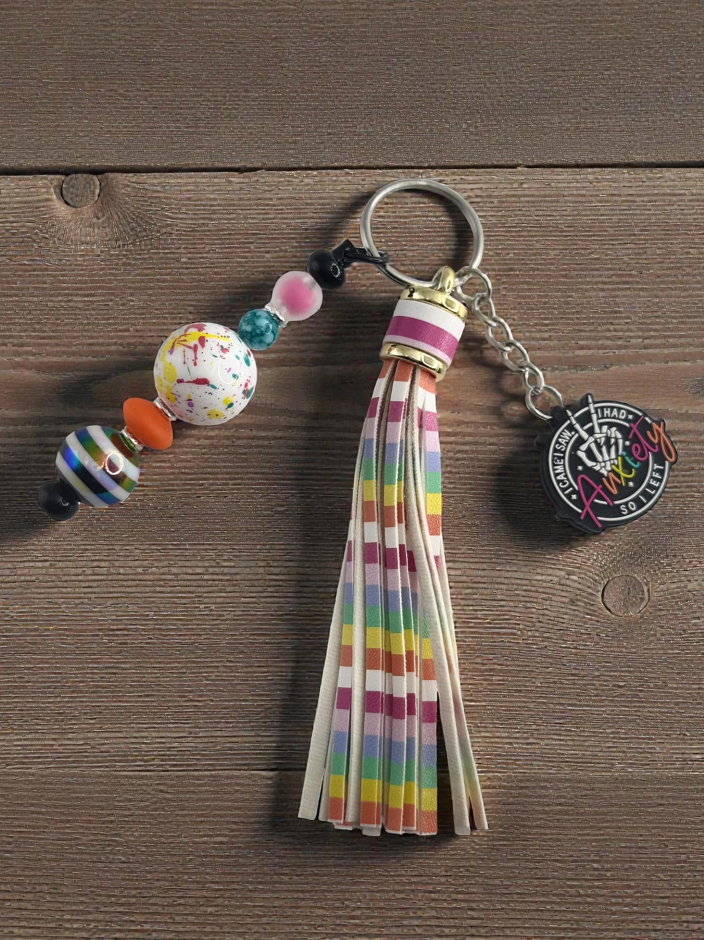 Handmade Keychain with Tassel, Beaded Charm & Inspirational Focal Saying Gift