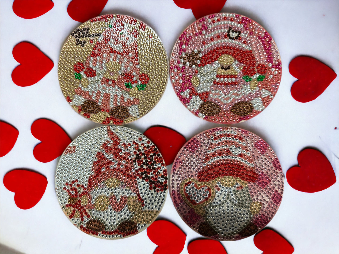 Handmade Rhinestone Gnome Valentines Day Coasters: Red Pink Love Decor