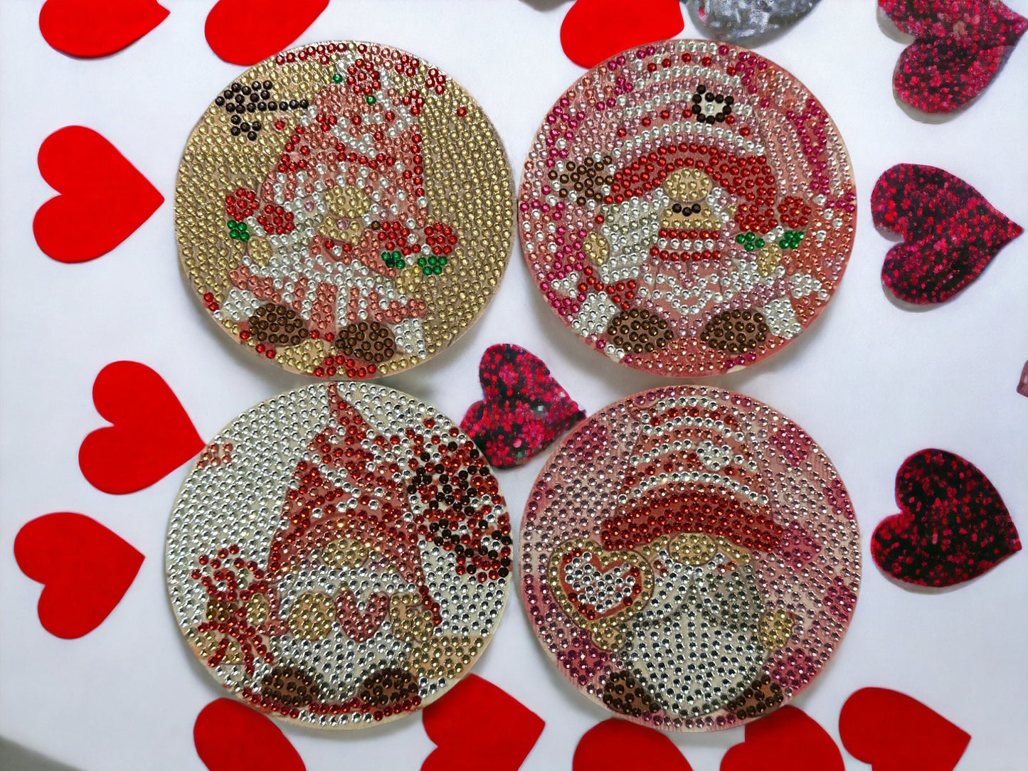 Handmade Rhinestone Gnome Valentines Day Coasters: Red Pink Love Decor