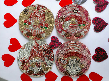 Handmade Rhinestone Gnome Valentines Day Coasters: Red Pink Love Decor