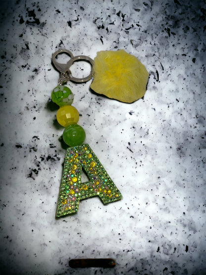 Bubblegum Bead Letter Keychain | Handmade Rhinestone Initial & Pom Pom Tassel